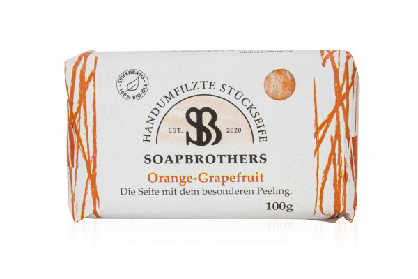 Naturkosmetik Bioseife mit Filzmantel in nachhaltiger Verpackung - Filzseife - Orange-Grapefruit 100