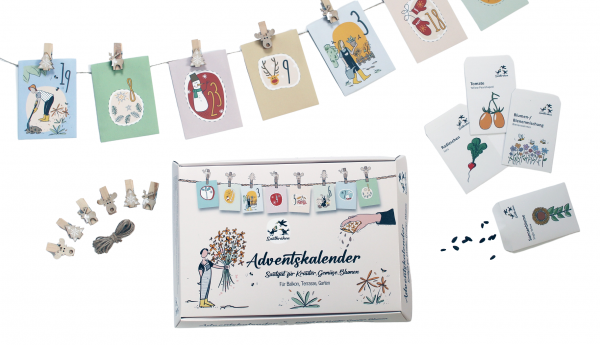 1x Adventskalender Saatgut zum aufhängen mit persönlichem Grußfenster - 8x Kräuter. 8x Gemüse, 8x Bl